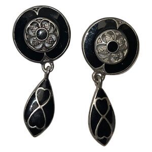 Vintage Silver with Black Onyx Enamel Art Nouveau Dangle Earrings